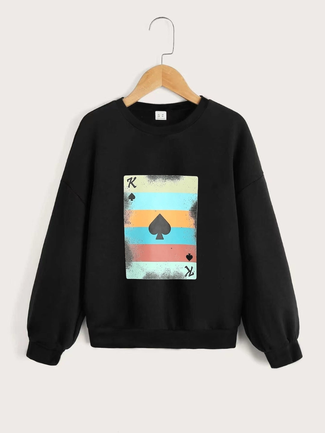 Black Round Neck Graphics Printed Long Sleeves Polyester Sweatshirt