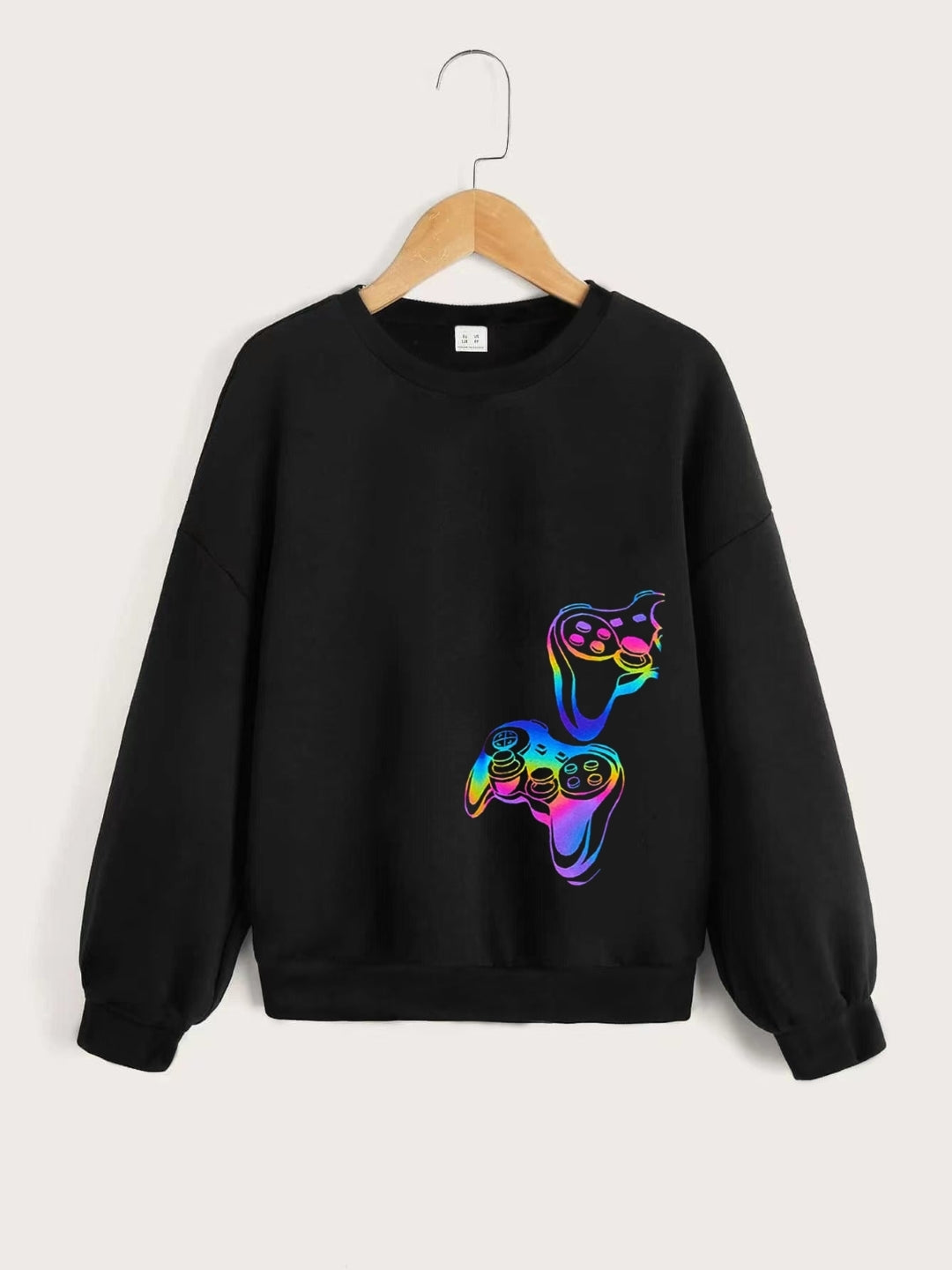 Black Round Neck Graphics Printed Long Sleeves Polyester Sweatshirt