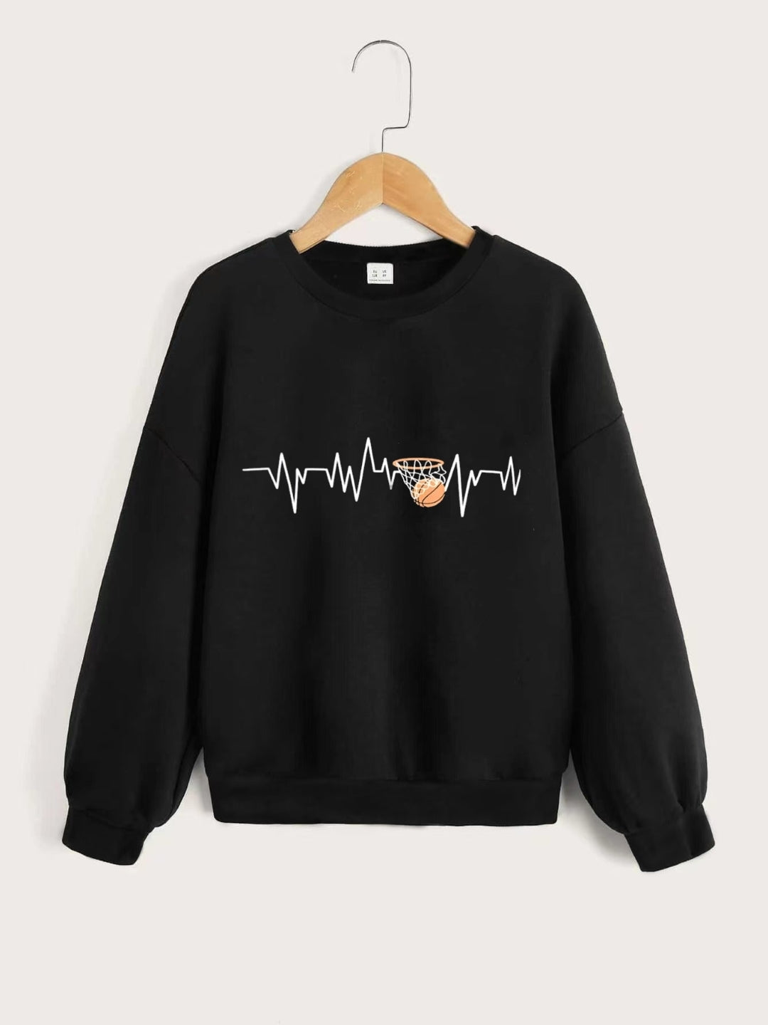 Black Round Neck Graphics Printed Long Sleeves Polyester Sweatshirt