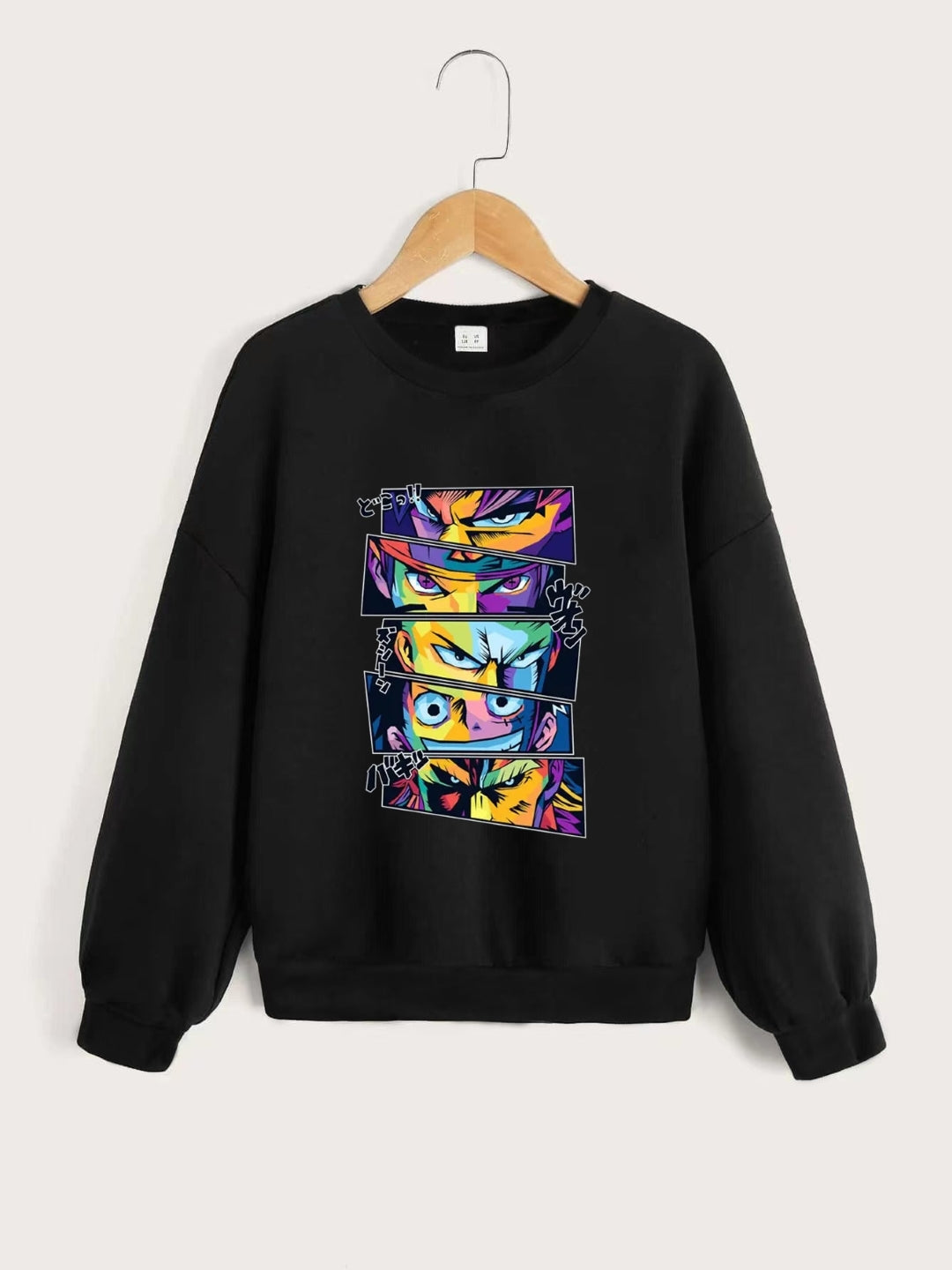 Black Round Neck Graphics Printed Long Sleeves Polyester Sweatshirt