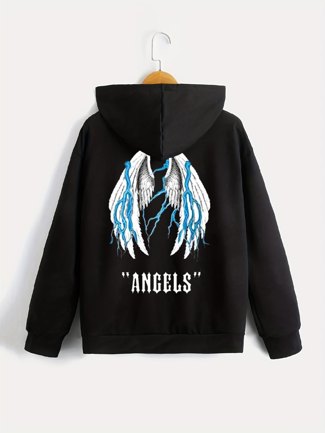 Black Graphics Printed Long Sleeves Polyester Hoodie