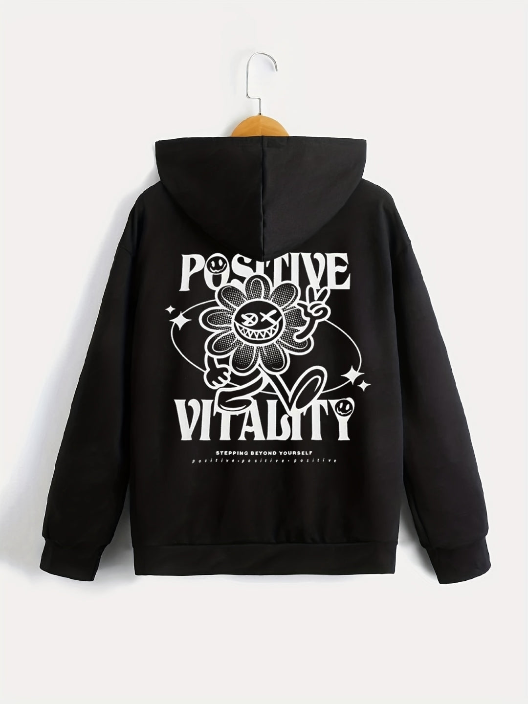 Black Graphics Printed Long Sleeves Polyester Hoodie