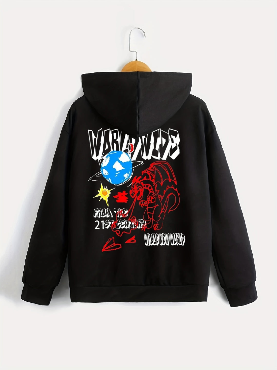 Black Graphics Printed Long Sleeves Polyester Hoodie