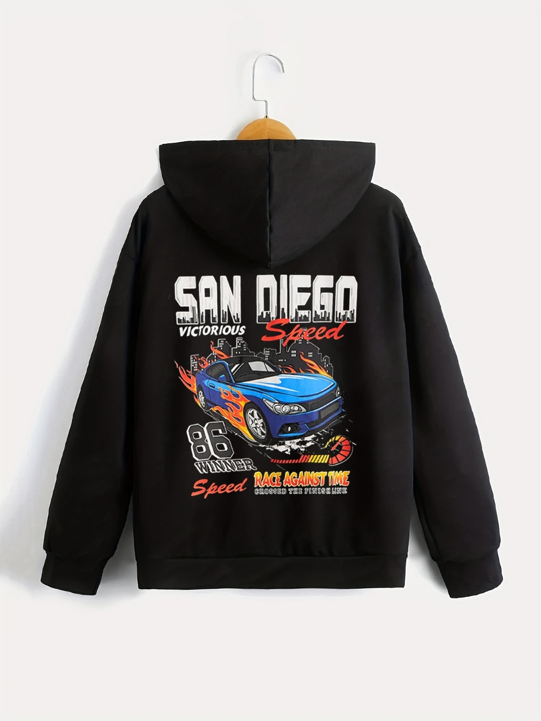 Black Graphics Printed Long Sleeves Polyester Hoodie