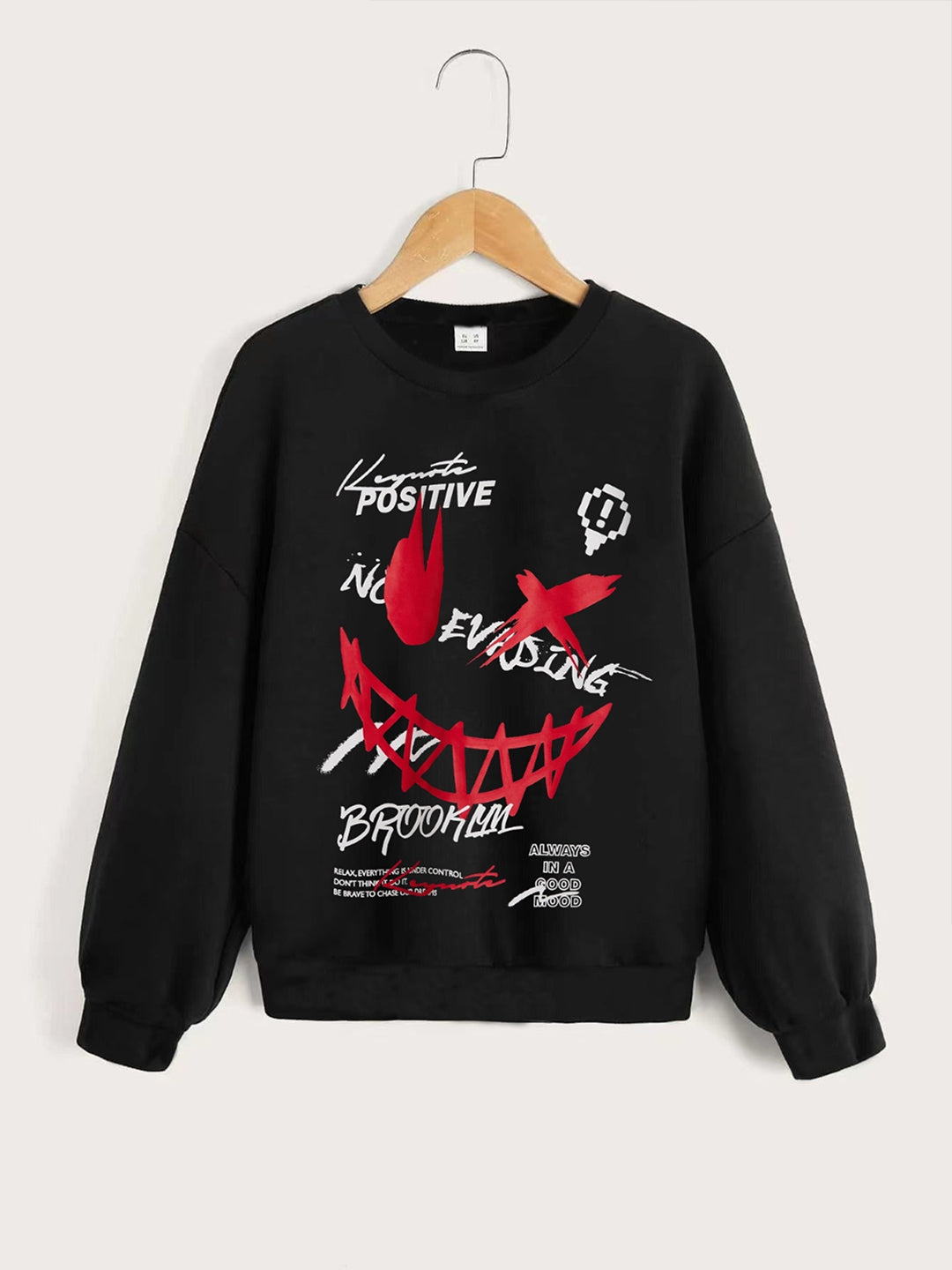 Black Round Neck Graphics Printed Long Sleeves Polyester Sweatshirt