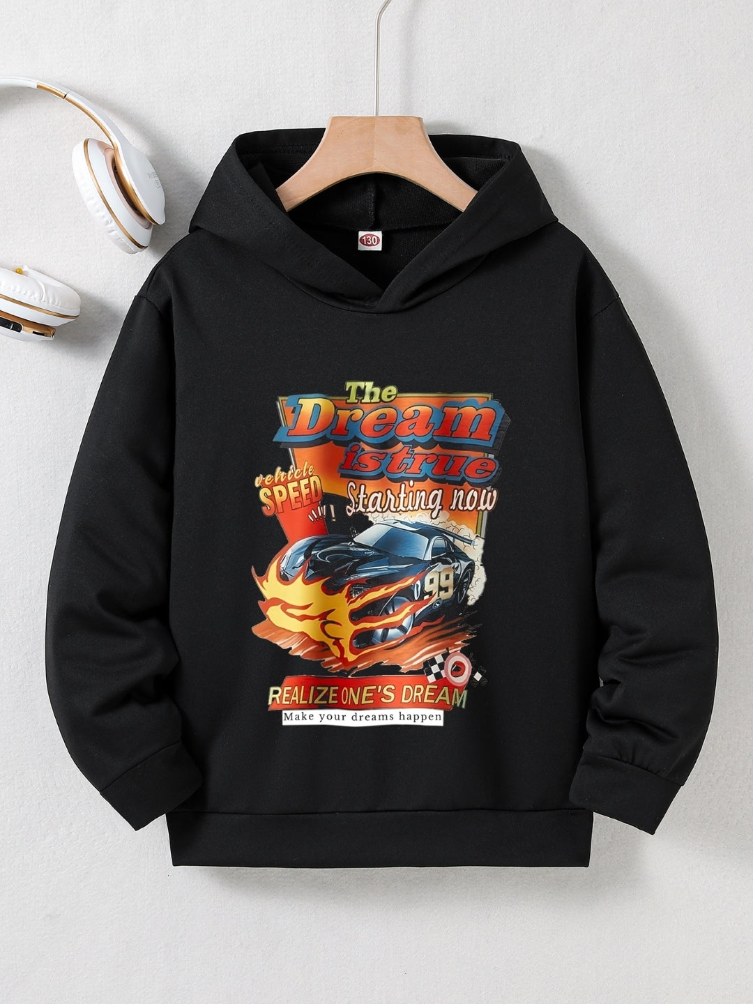 Black Graphics Printed Long Sleeves Polyester Hoodie