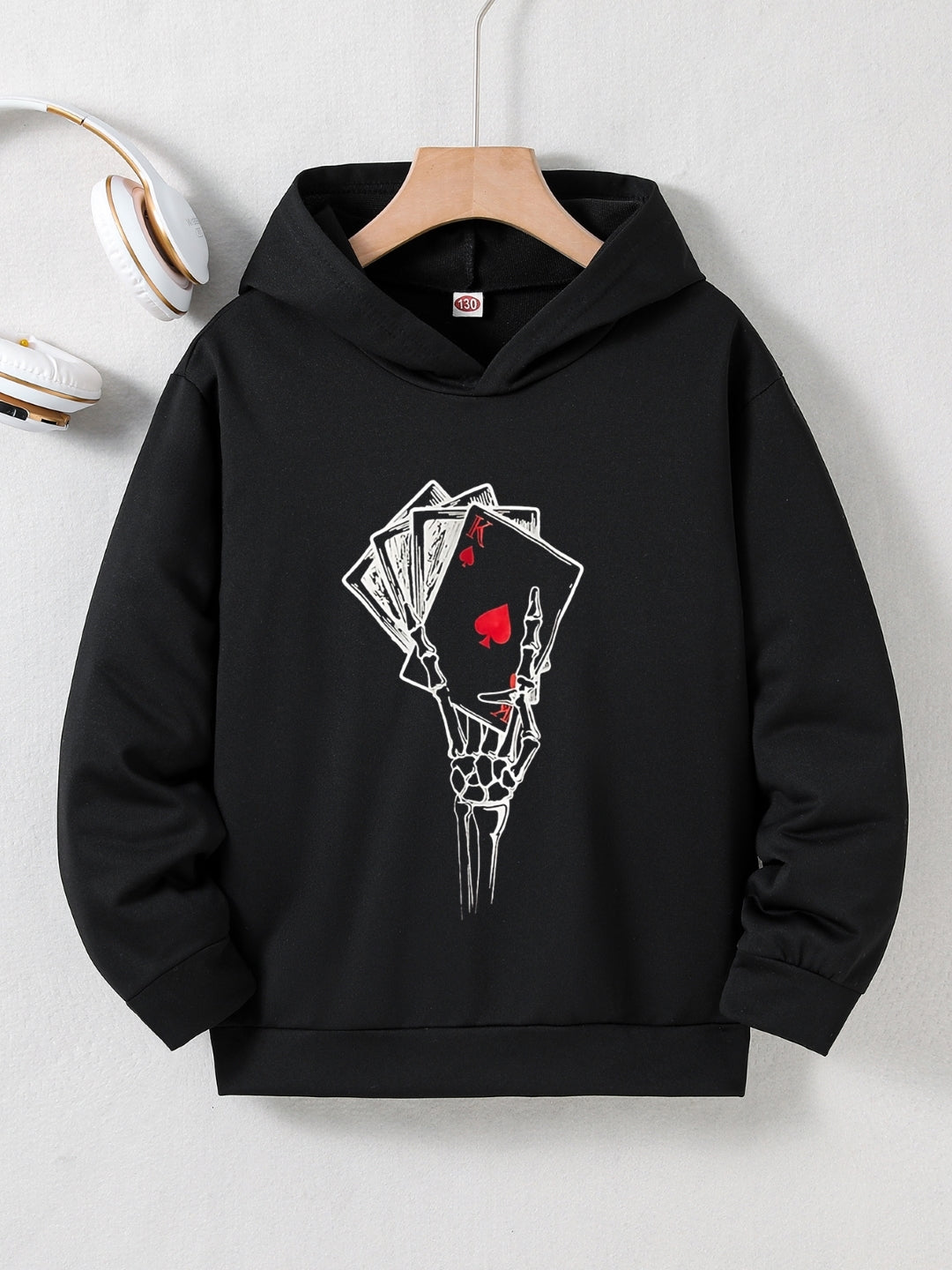 Black Graphics Printed Long Sleeves Polyester Hoodie