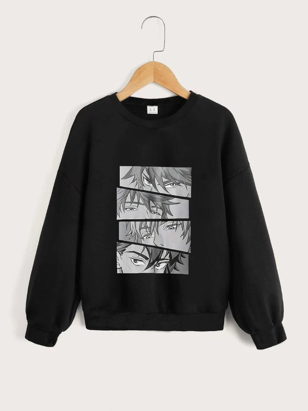 Black Round Neck Graphics Printed Long Sleeves Polyester Sweatshirt