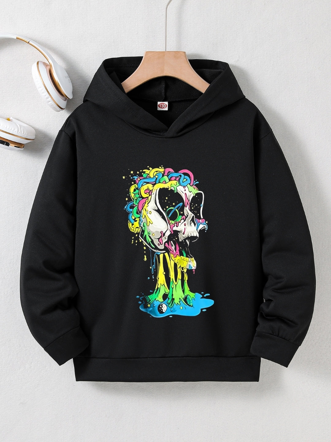 Black Graphics Printed Long Sleeves Polyester Hoodie