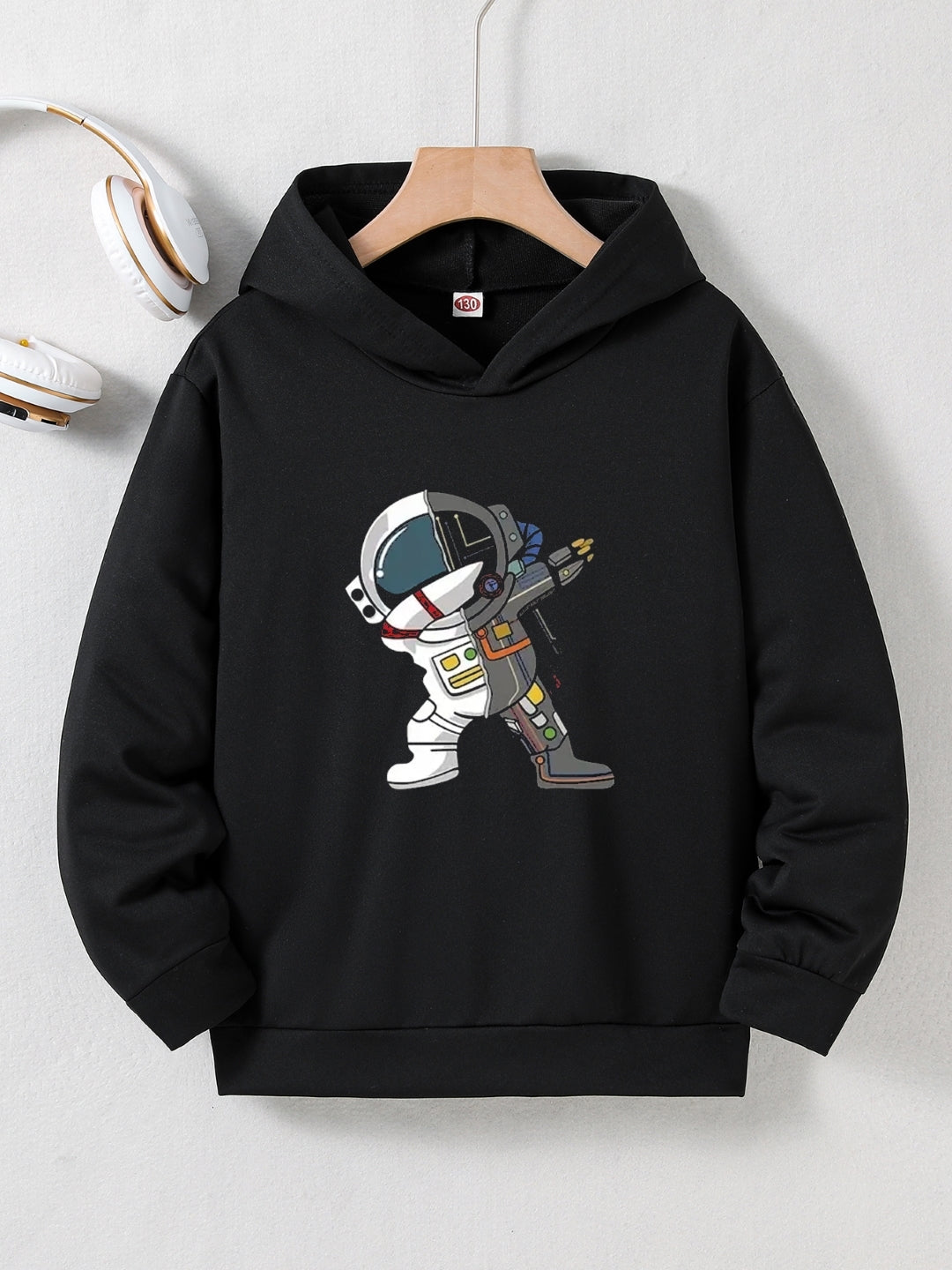 Black Graphics Printed Long Sleeves Polyester Hoodie