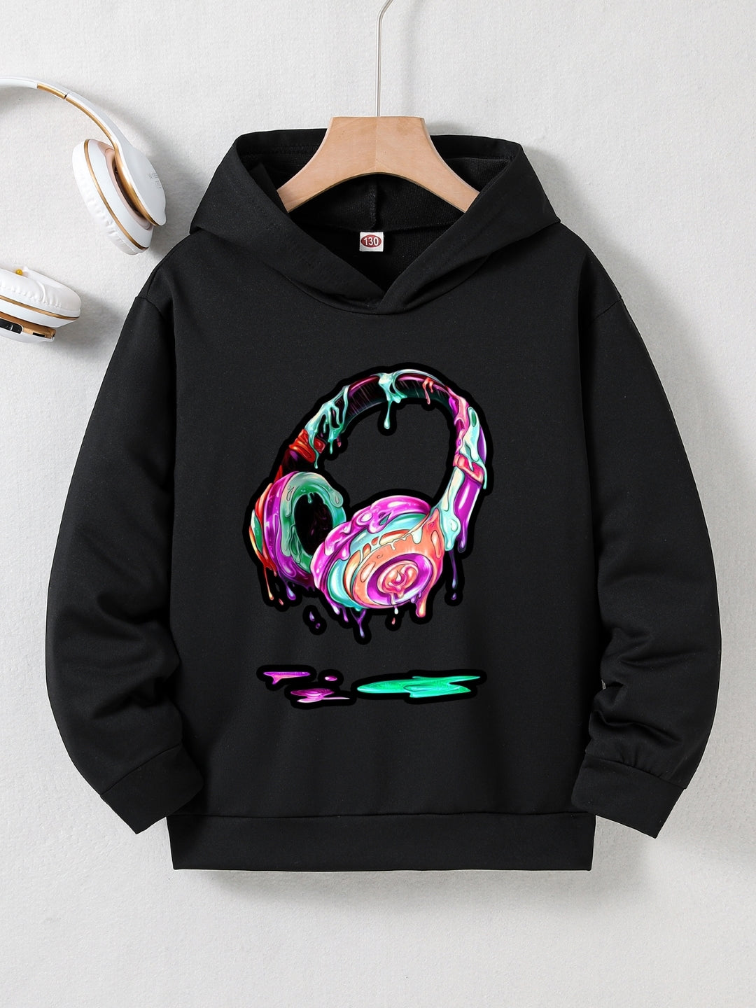 Black Graphics Printed Long Sleeves Polyester Hoodie