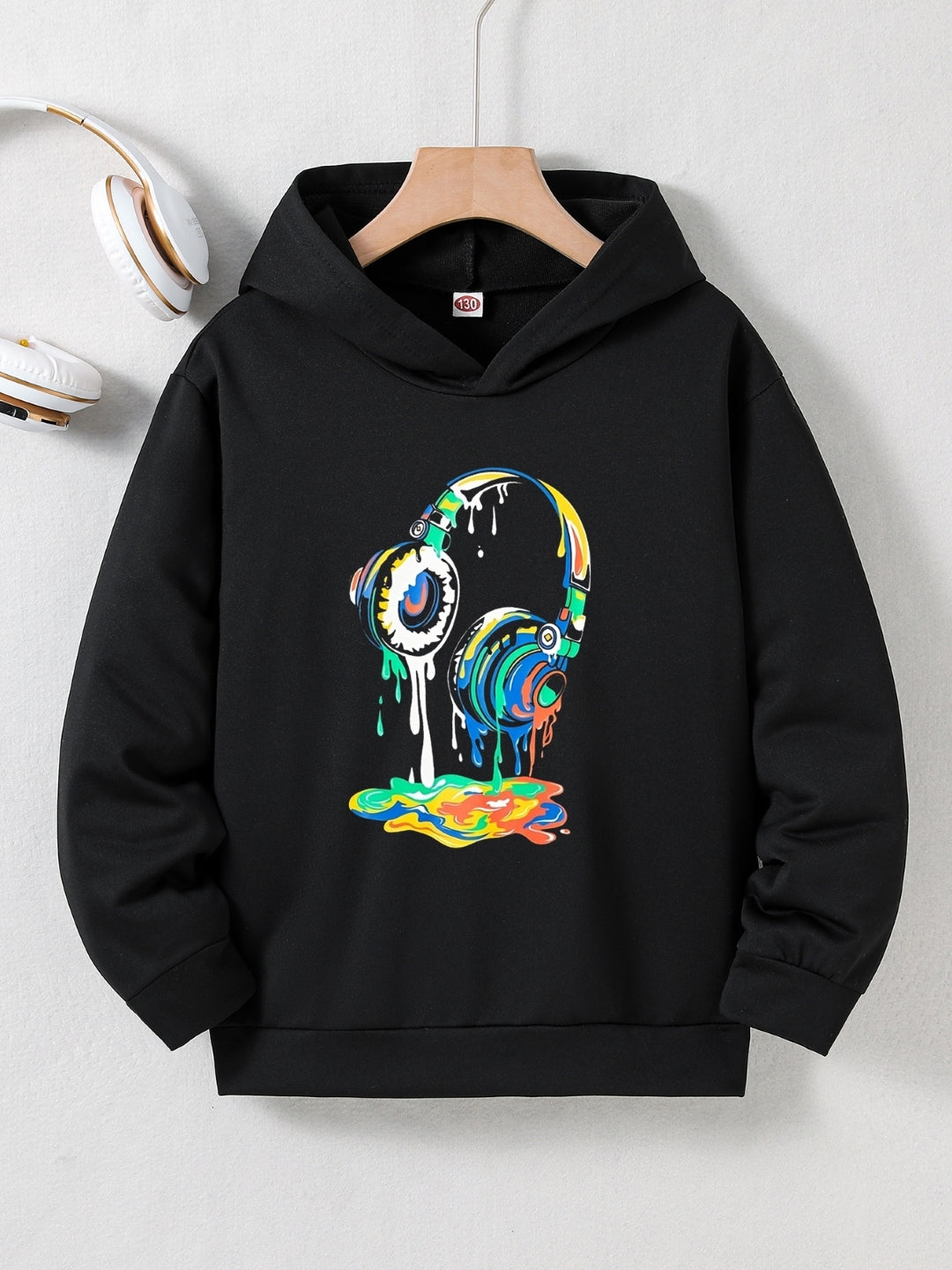 Black Graphics Printed Long Sleeves Polyester Hoodie