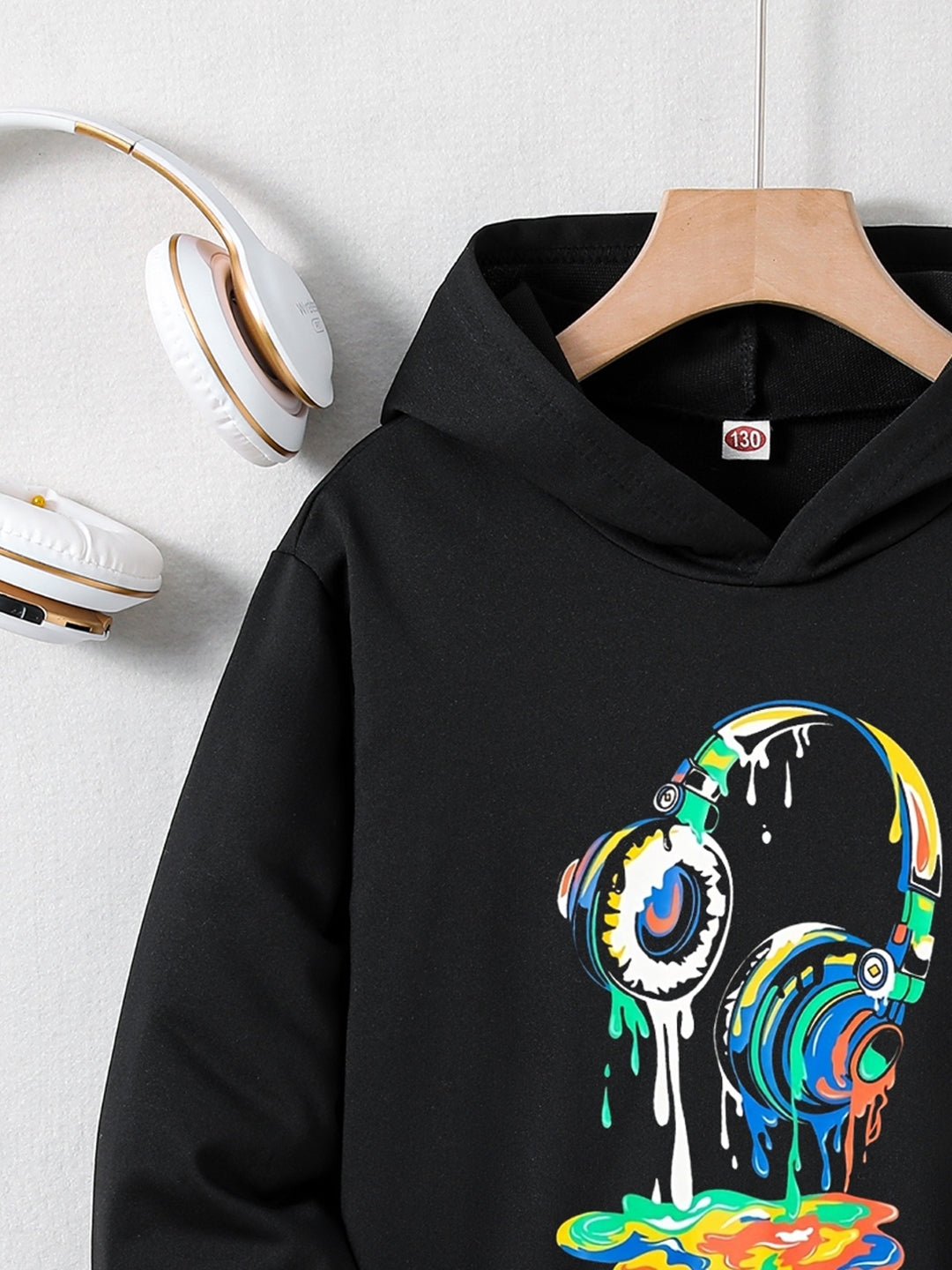 Black Graphics Printed Long Sleeves Polyester Hoodie