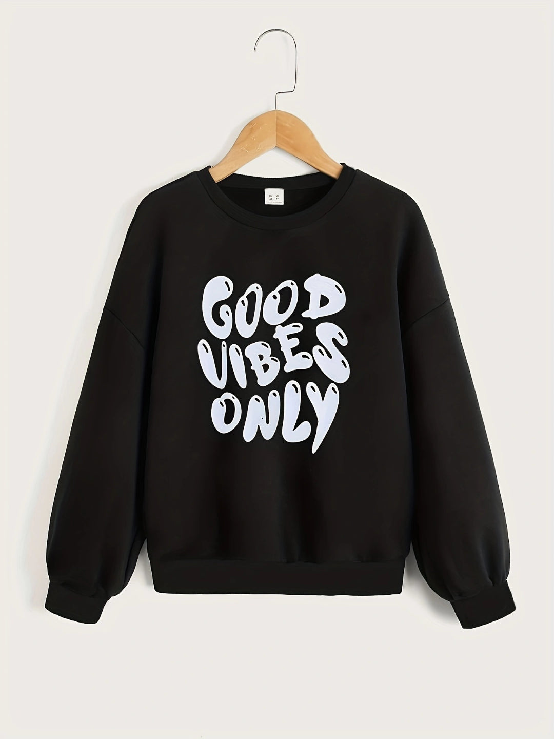 Black Round Neck Graphics Printed Long Sleeves Polyester Sweatshirt