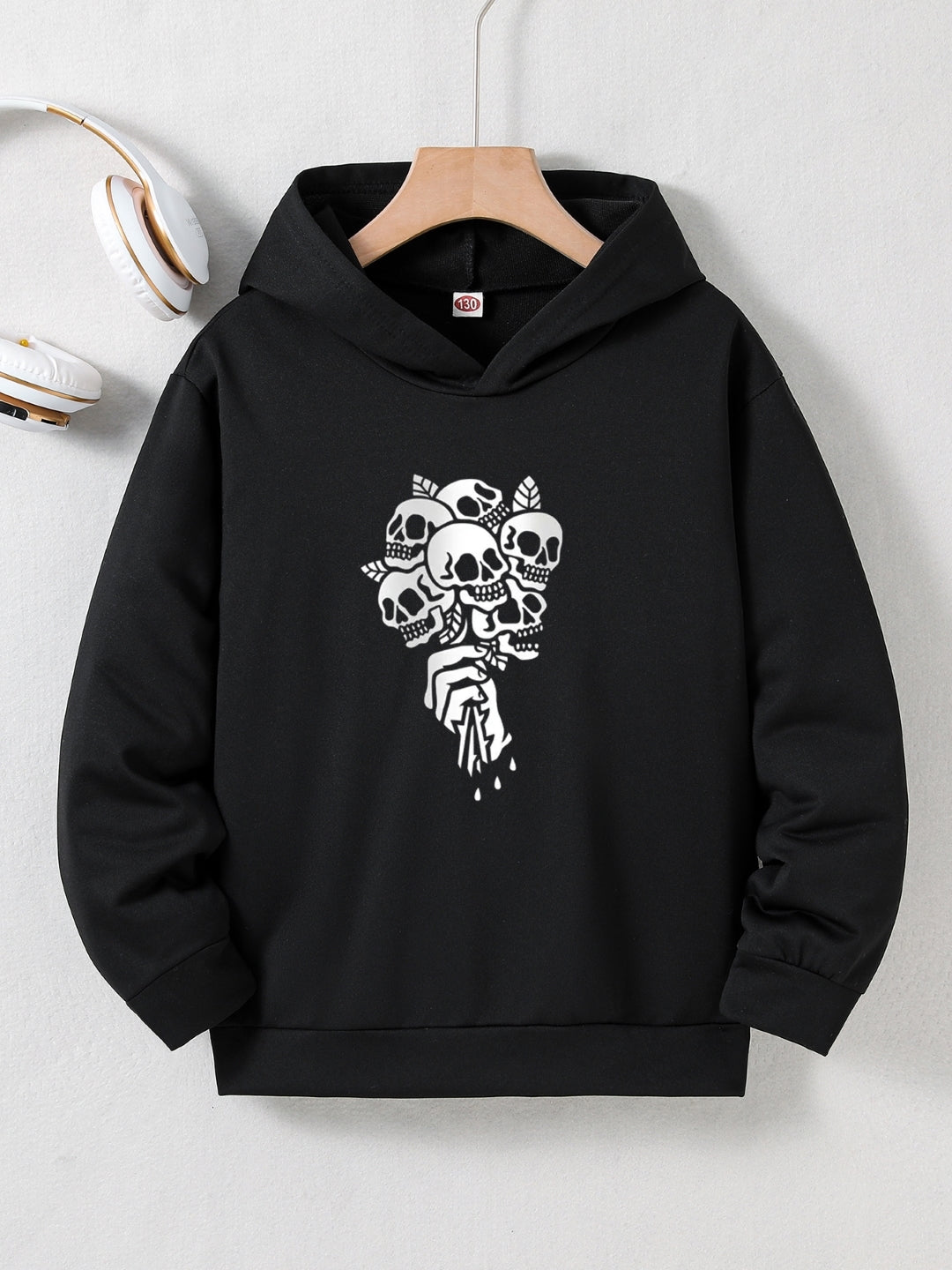 Black Graphics Printed Long Sleeves Polyester Hoodie