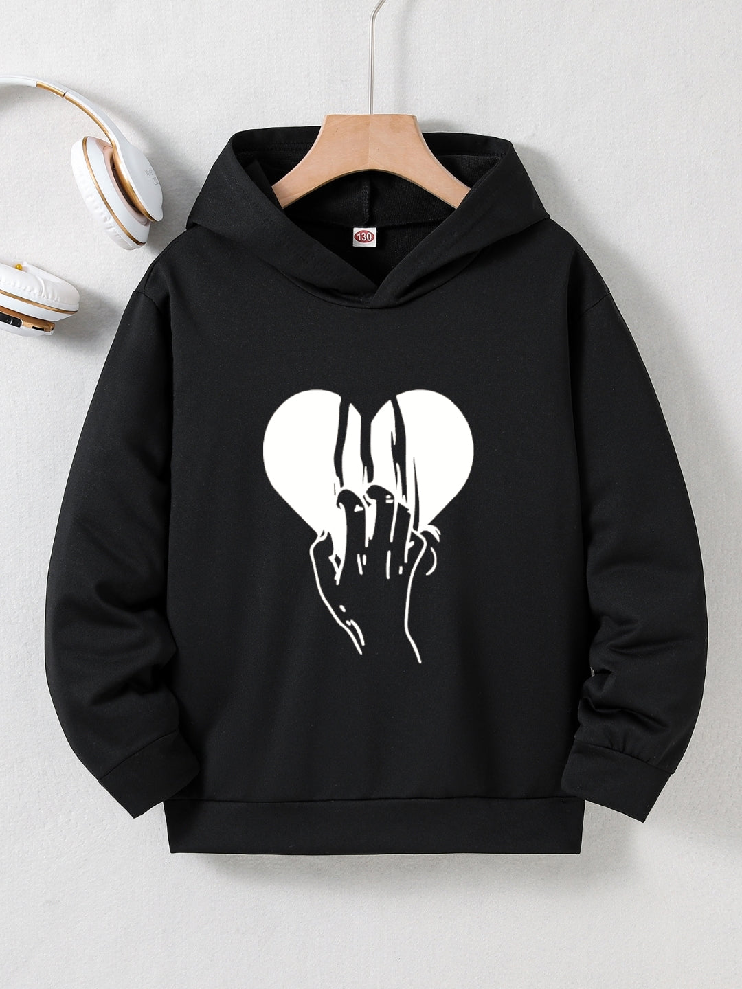 Black Graphics Printed Long Sleeves Polyester Hoodie