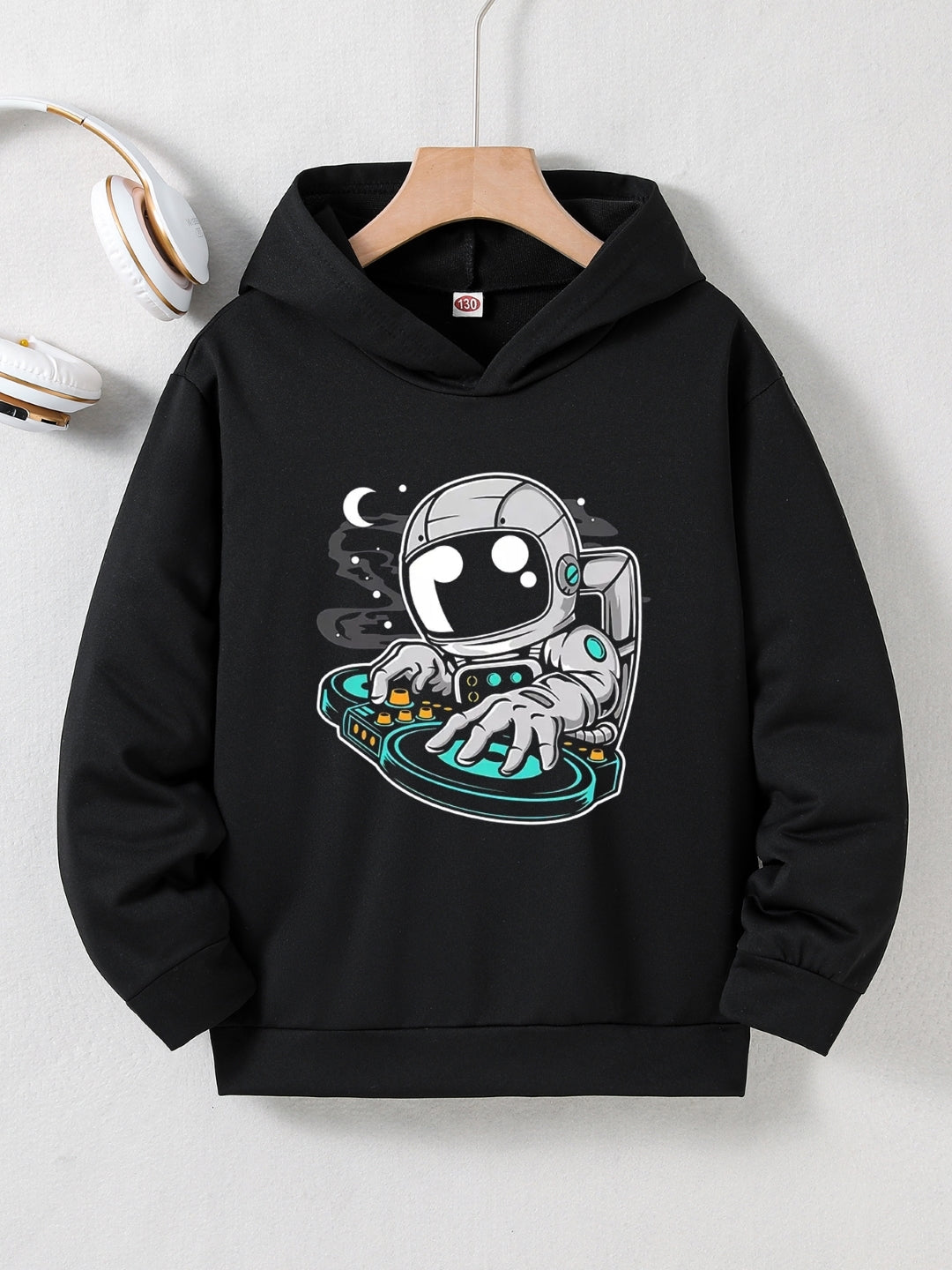 Black Graphics Printed Long Sleeves Polyester Hoodie