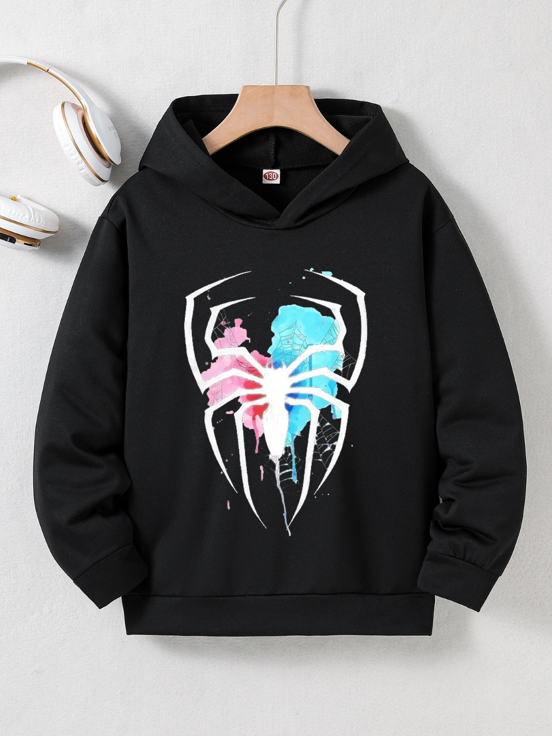 Black Graphics Printed Long Sleeves Polyester Hoodie