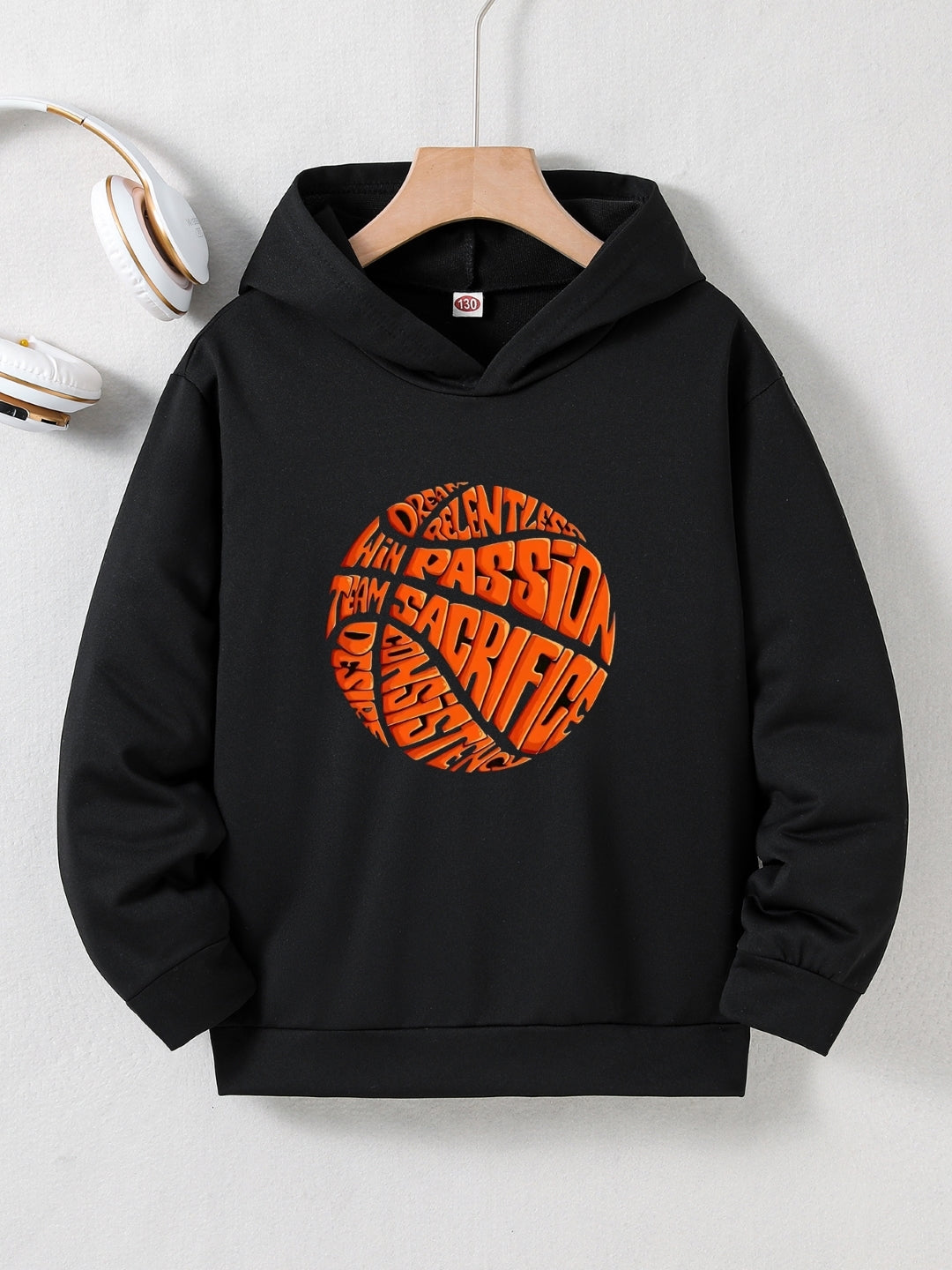 Black Graphics Printed Long Sleeves Polyester Hoodie