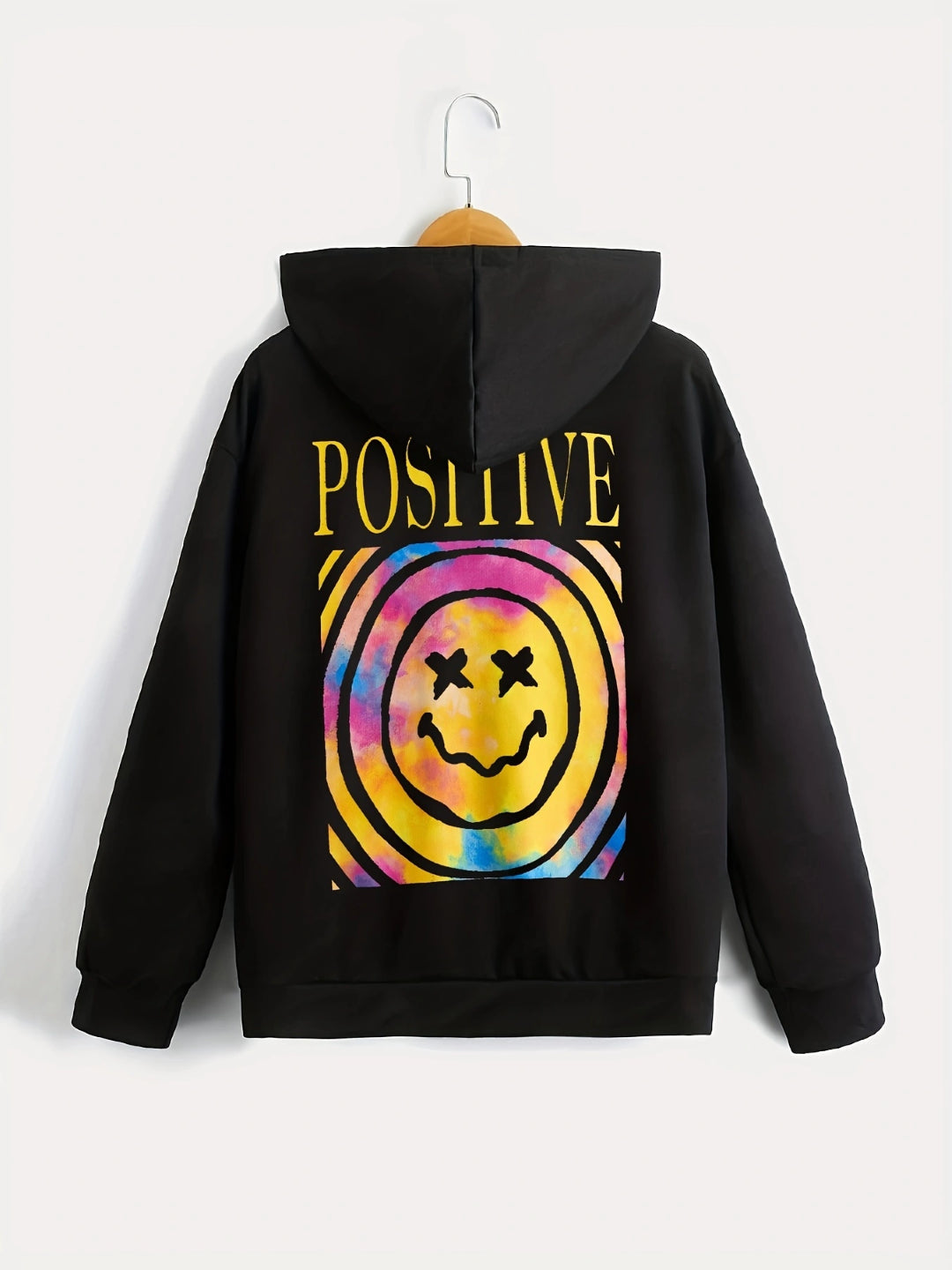 Black Graphics Printed Long Sleeves Polyester Hoodie