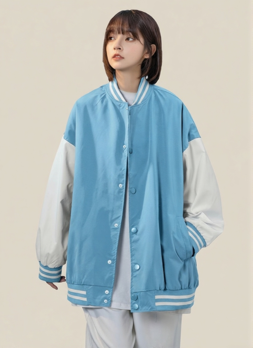 Blue Stand Collar Long Sleeves Striped Polyester Open Front Jacket