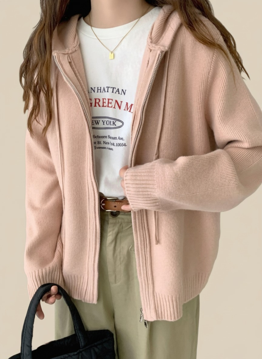 Pink Hooded Long Sleeves Solid Acrylic Open Front Jacket
