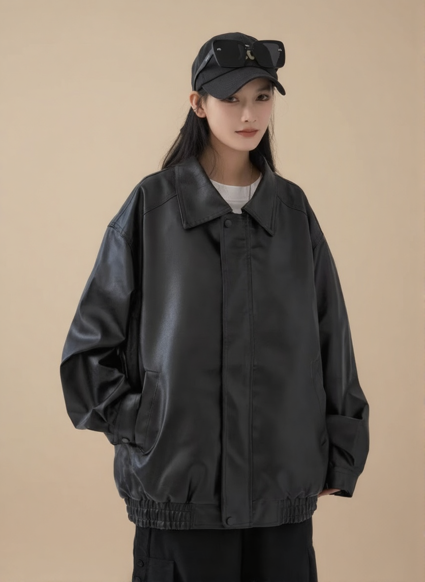 Black Spread Collar Long Sleeves Solid Polyester Open Front Jacket