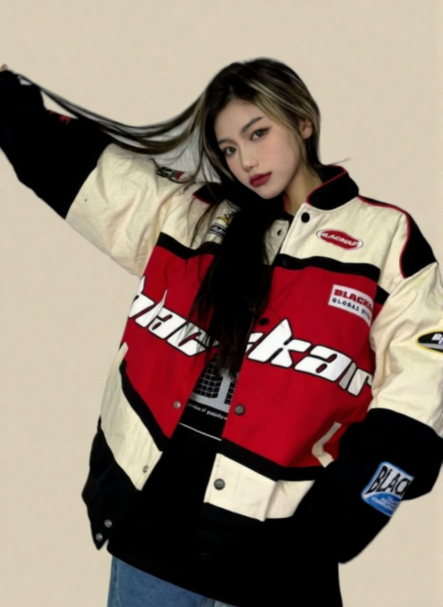 Red Stand Collar Long Sleeves Printed Polyester Open Front Jacket