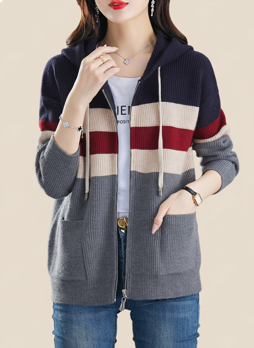 Grey Hooded Long Sleeves Colourblocked Acrylic Open Front Jacket