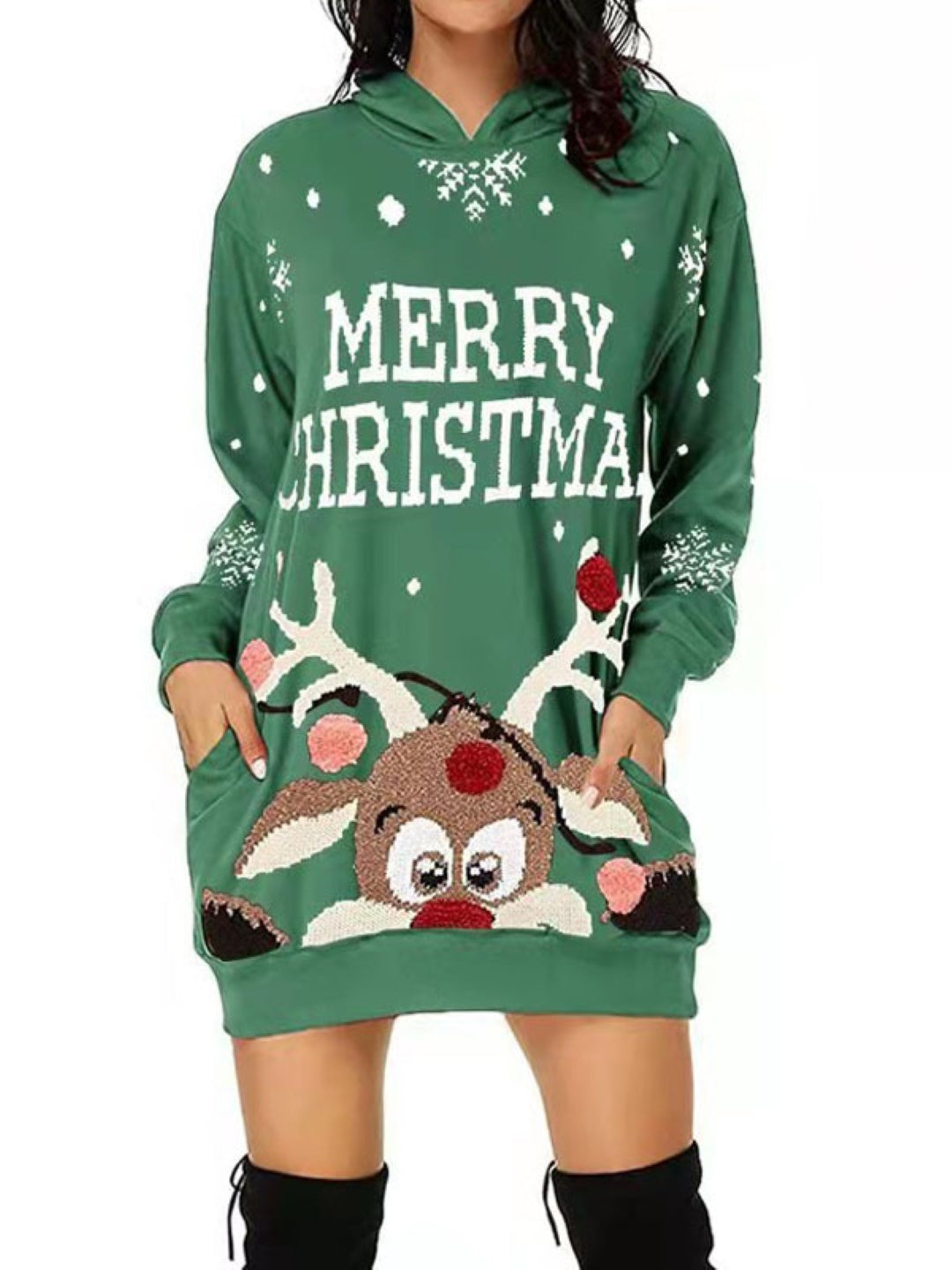 Green Hood Typography Long Sleeves Fit and Flare Polyester Above Knee Dress