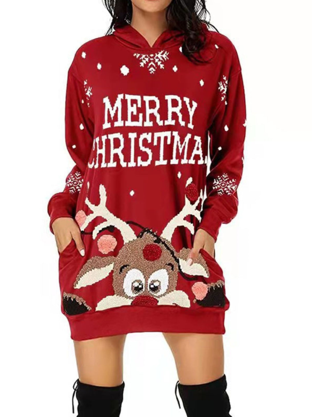 Red Hood Typography Long Sleeves Fit and Flare Polyester Above Knee Dress