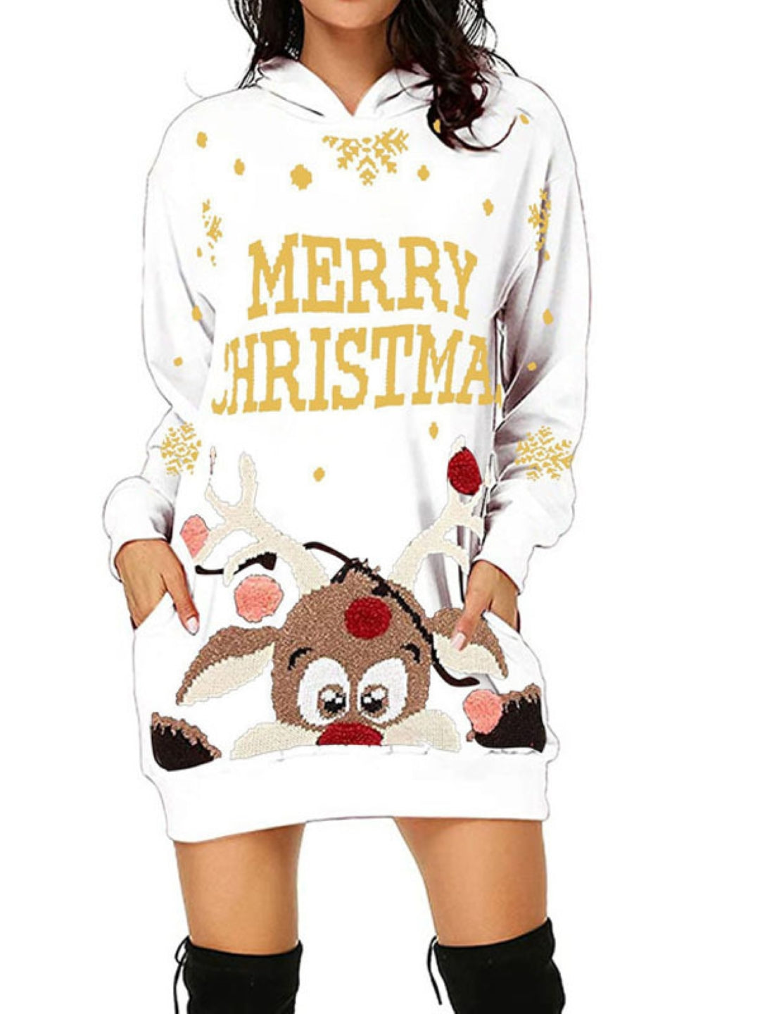 White Hood Typography Long Sleeves Fit and Flare Polyester Above Knee Dress
