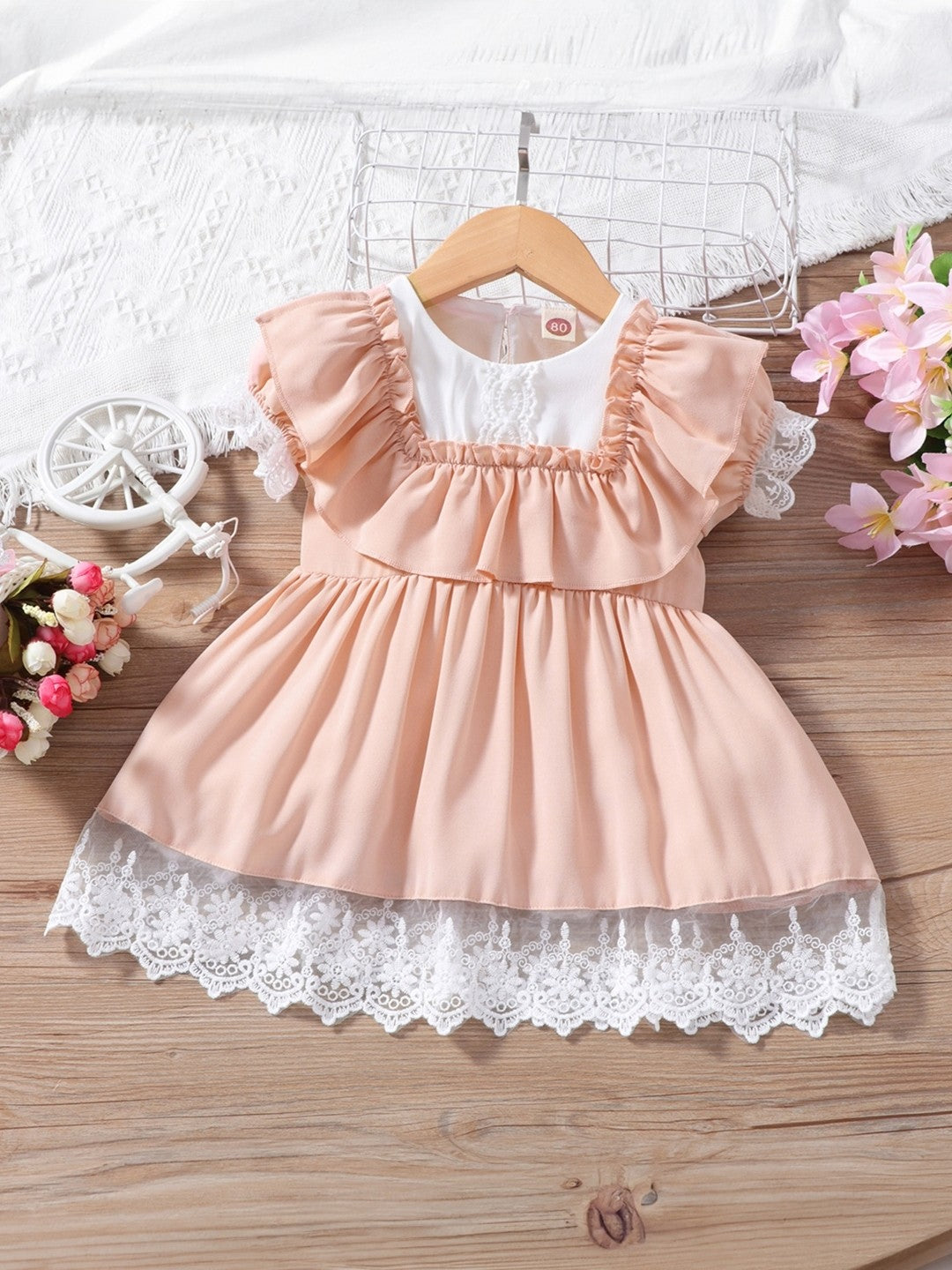 Pink Round Neck Solid Short Sleeves Knee Length Polyester Dress