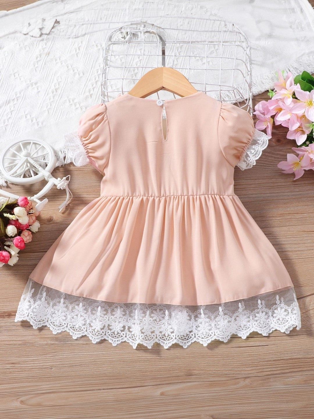 Pink Round Neck Solid Short Sleeves Knee Length Polyester Dress