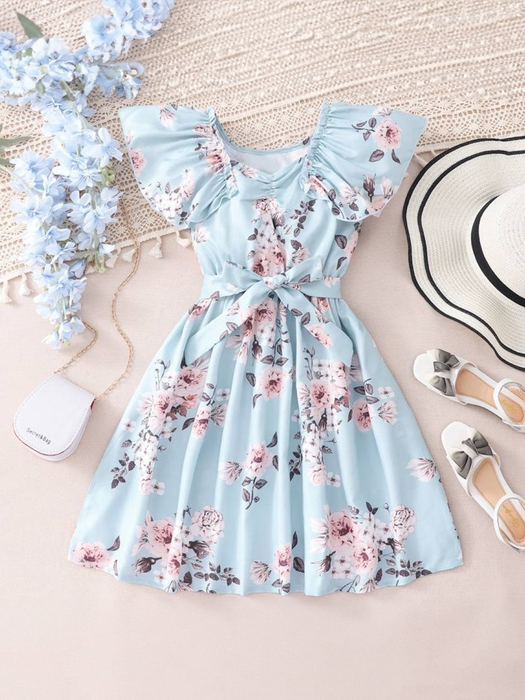 Blue Round Neck Printed Short Sleeves Knee Length Polyester Dress