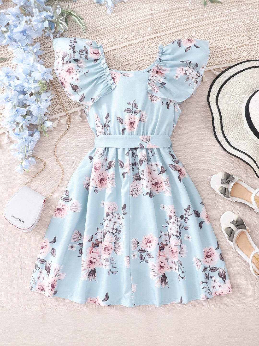 Blue Round Neck Printed Short Sleeves Knee Length Polyester Dress