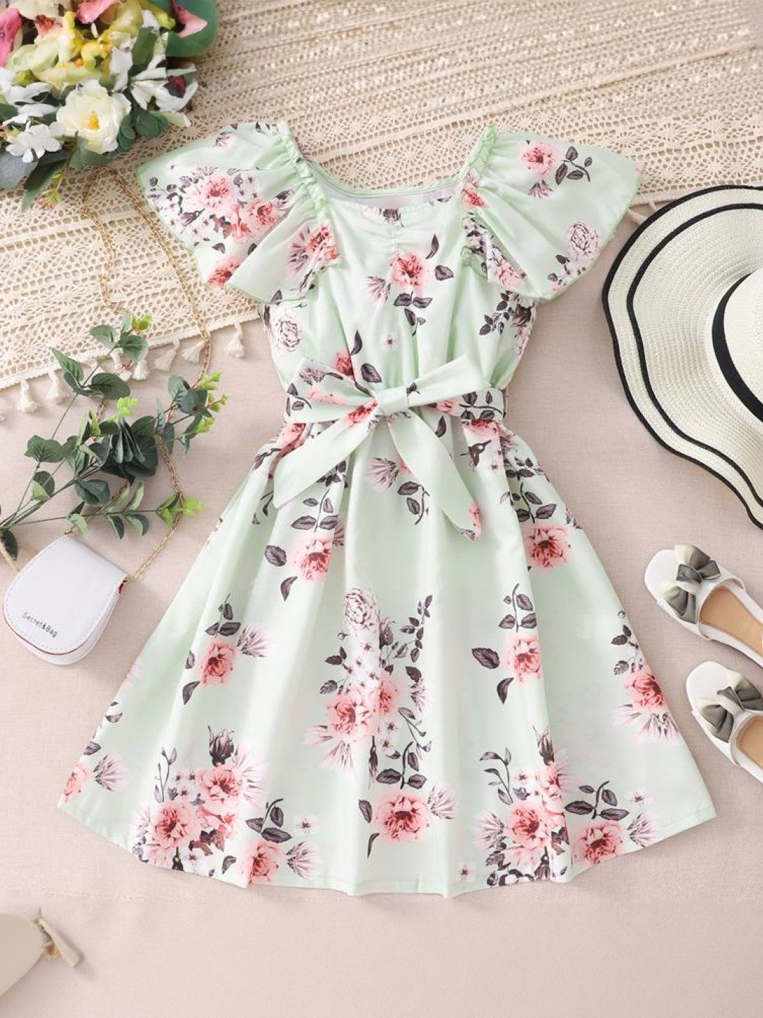 Green Round Neck Printed Short Sleeves Knee Length Polyester Dress