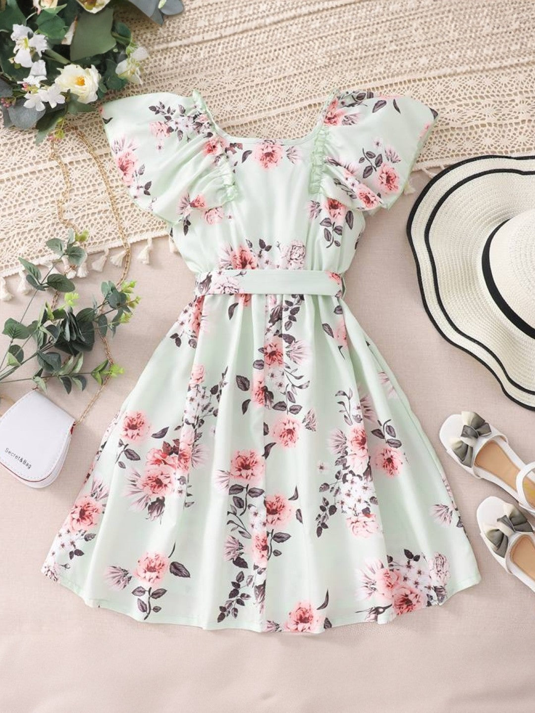 Green Round Neck Printed Short Sleeves Knee Length Polyester Dress