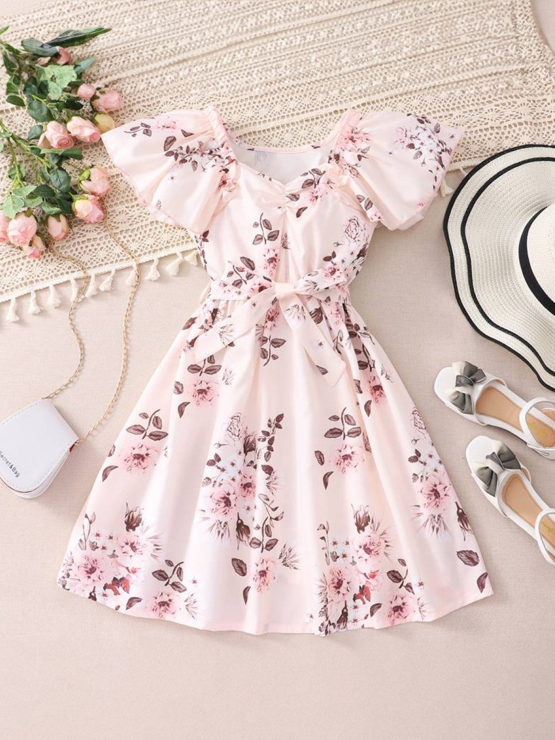 Pink Round Neck Printed Short Sleeves Knee Length Polyester Dress