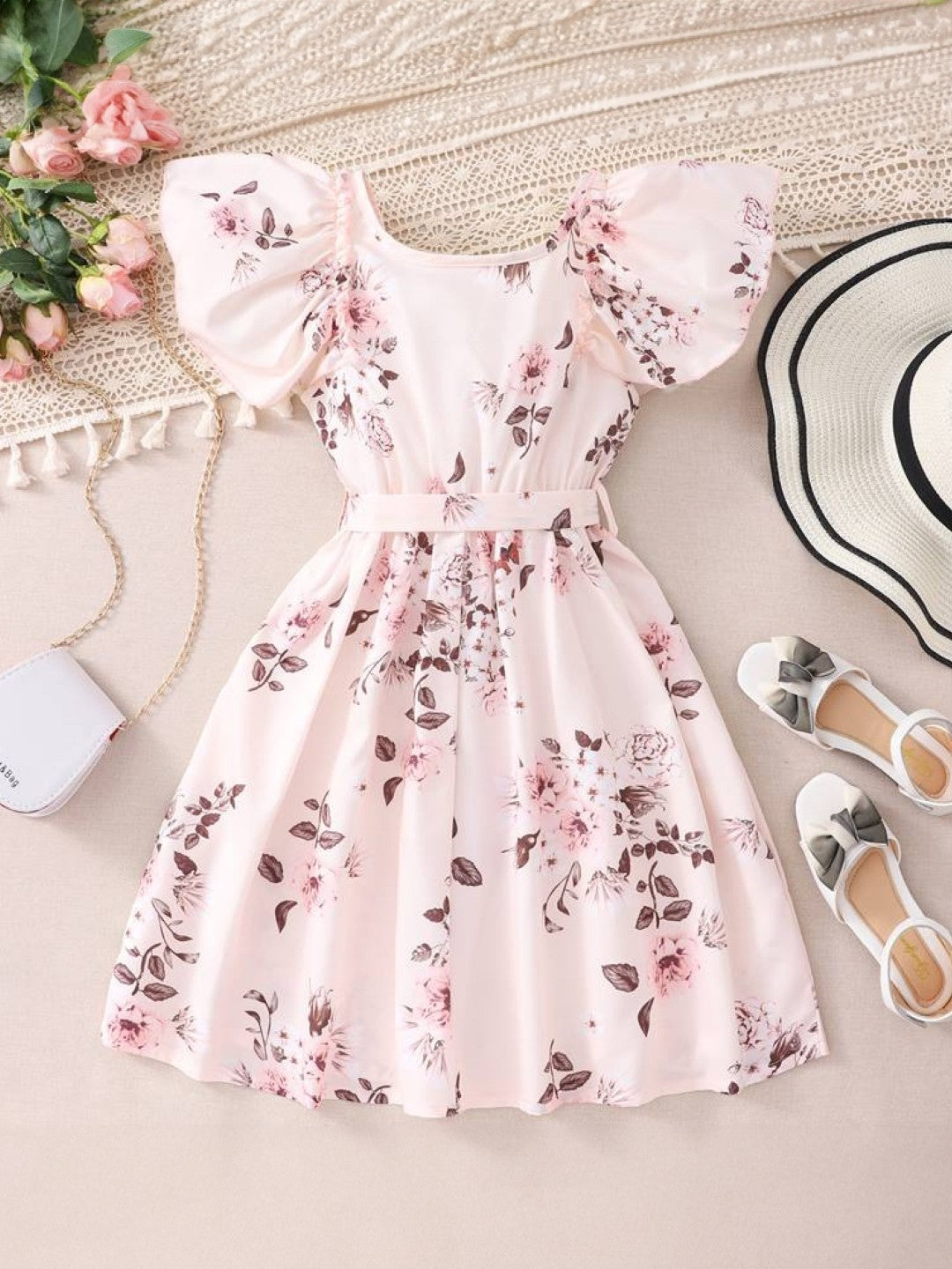 Pink Round Neck Printed Short Sleeves Knee Length Polyester Dress