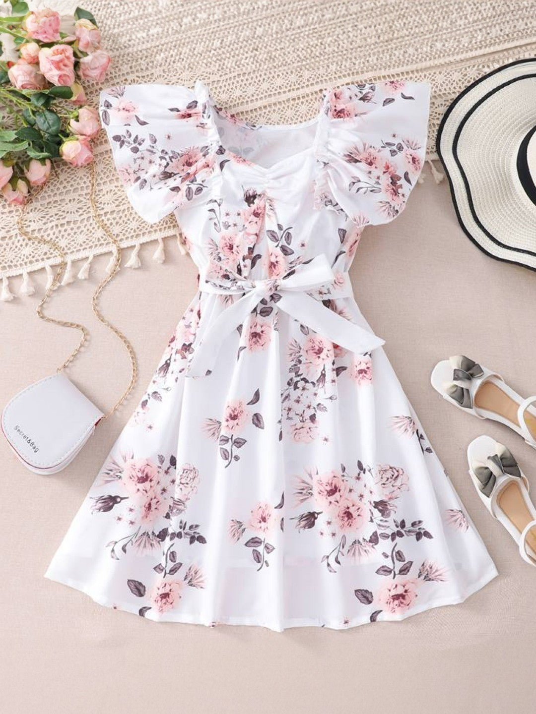 White Round Neck Printed Short Sleeves Knee Length Polyester Dress