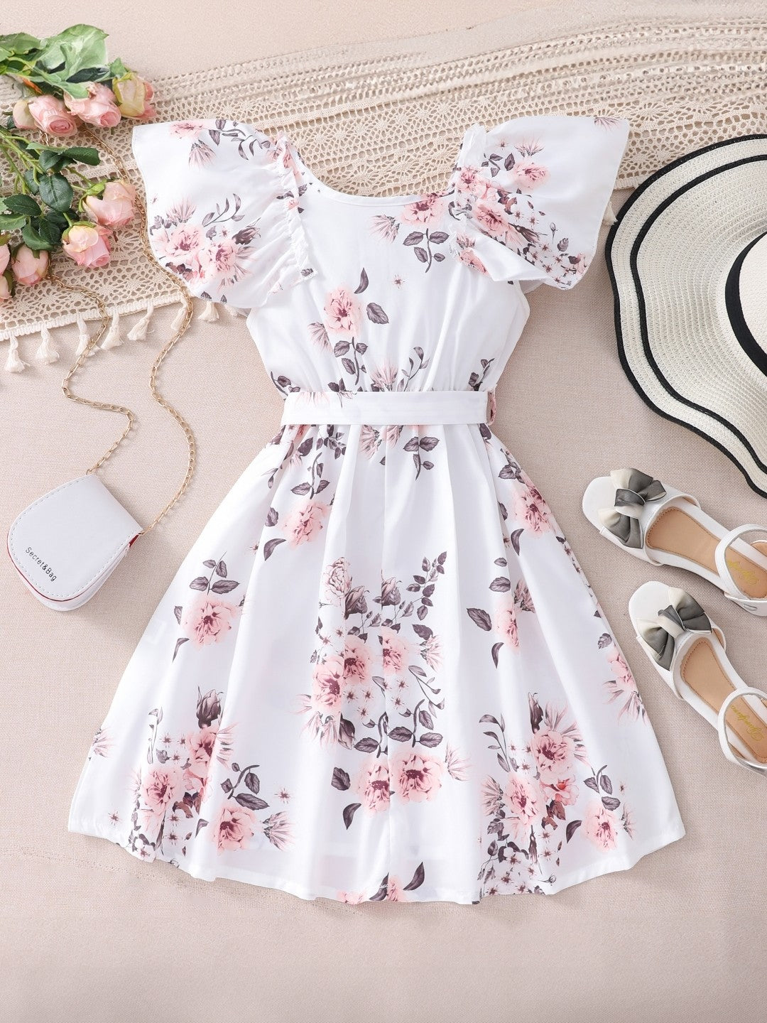 White Round Neck Printed Short Sleeves Knee Length Polyester Dress