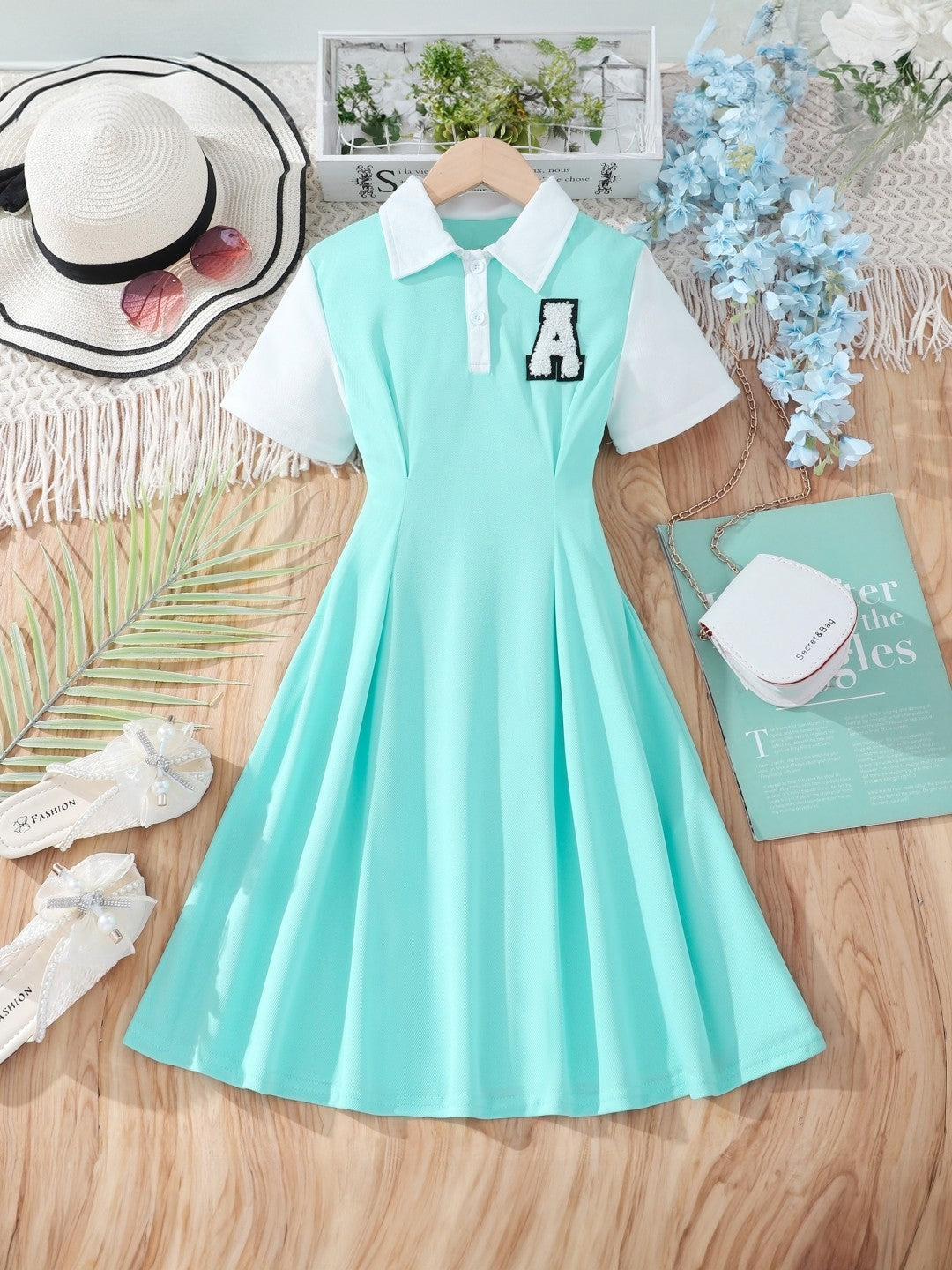 Blue Shirt Collar Solid Short Sleeves Maxi Polyester Dress