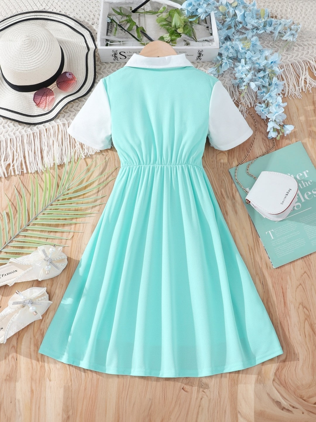 Blue Shirt Collar Solid Short Sleeves Maxi Polyester Dress