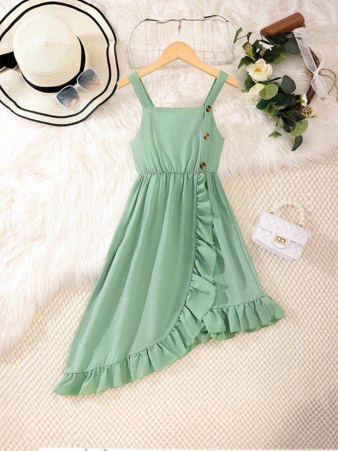 Green Round Neck Solid Sleeveless Knee Length Polyester Dress