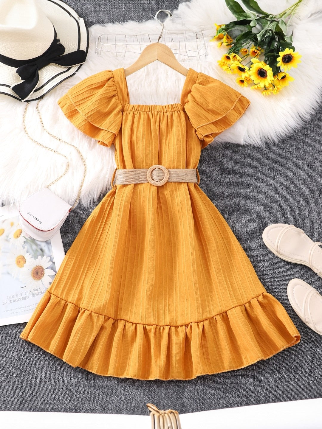 Yellow Round Neck Solid Short Sleeves Maxi Polyester Dress