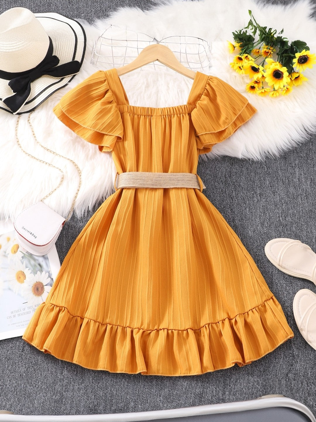 Yellow Round Neck Solid Short Sleeves Maxi Polyester Dress