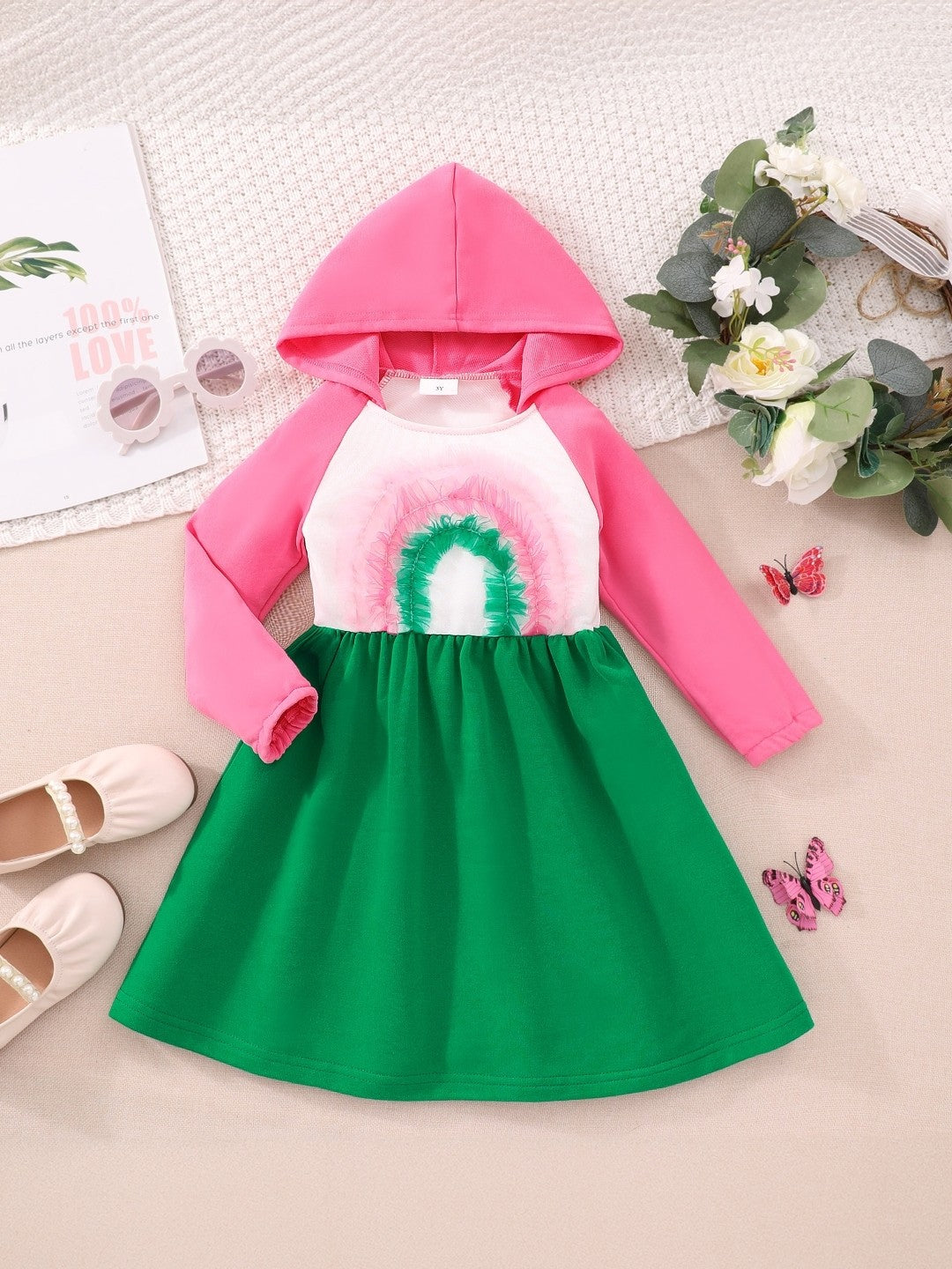 Green Hood Neck Solid Long Sleeves Knee Length Cotton Dress