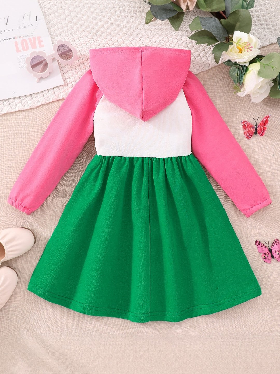 Green Hood Neck Solid Long Sleeves Knee Length Cotton Dress