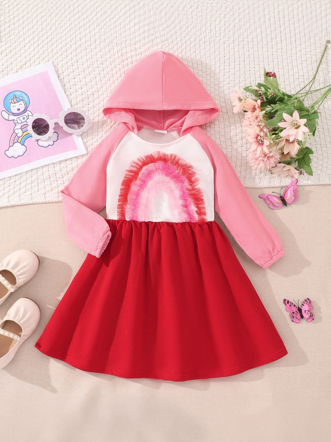 Pink Hood Neck Solid Long Sleeves Knee Length Cotton Dress